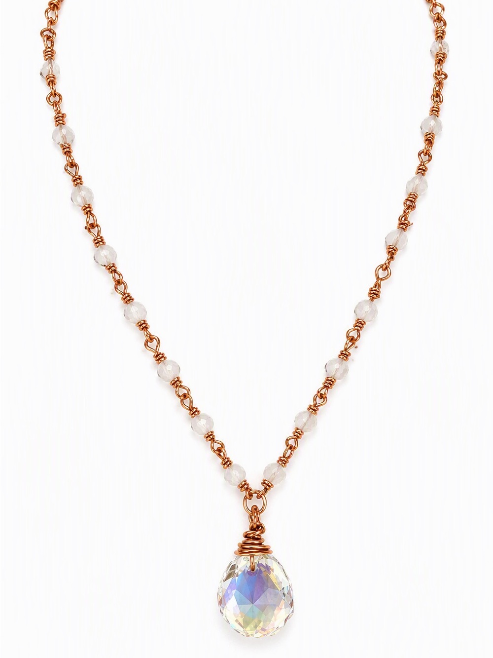 Gold wire wrapped necklace with moonstone, gold plated beads and Crystal Pendant